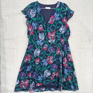 Vintage Floral Wrap Dress Sz 2X Flutter Sleeve V Neck‎ Navy Blue Fairy Cottage